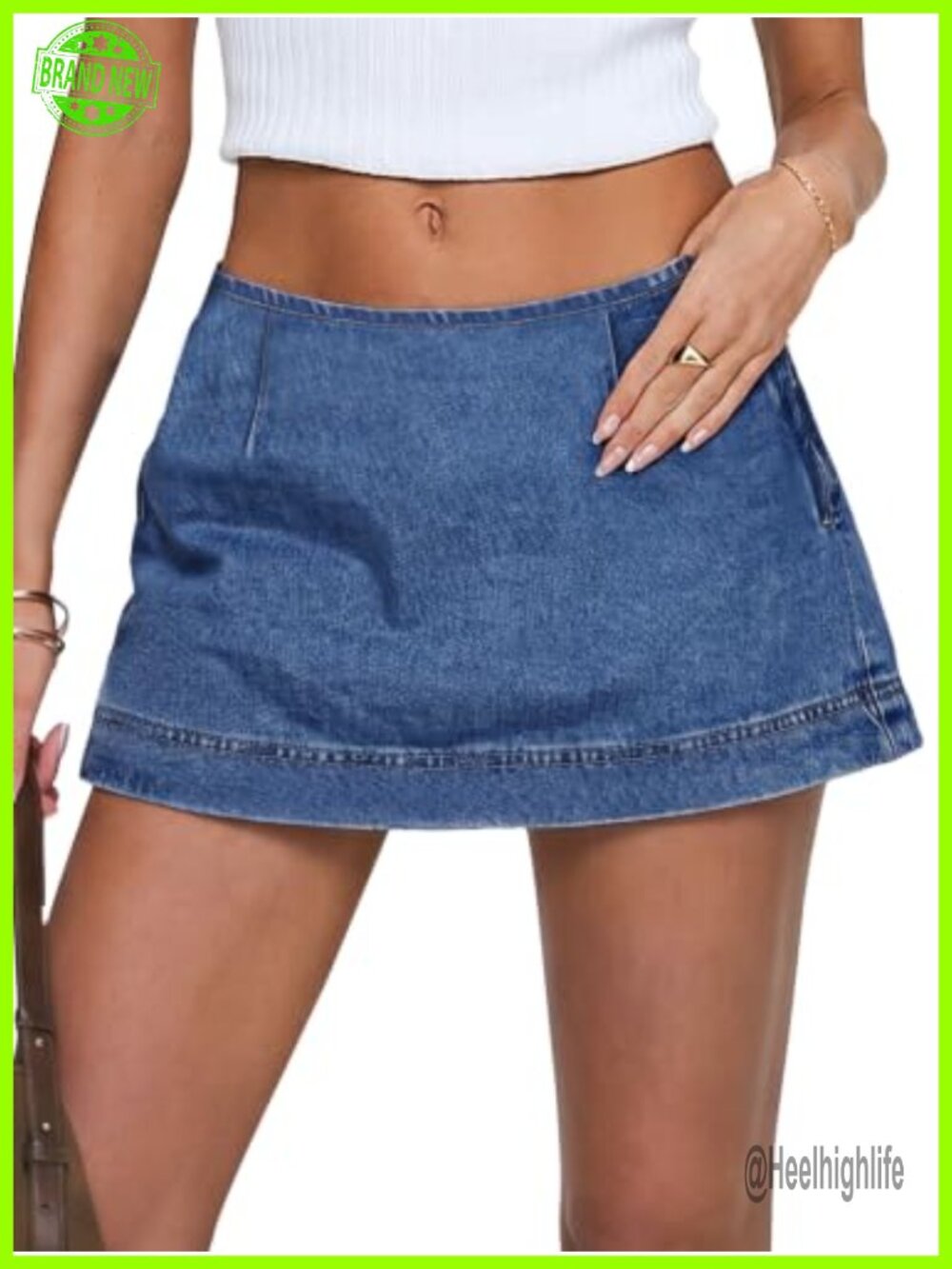 Low Rise Denim Mini Skirt Built-in Shorts Stretchy A-Line Skort